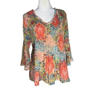 SPENSE Floral Smock Pleated Peasant Bell Sleeve MultiColor Top Petite Large